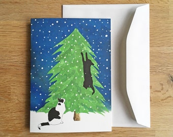 Cat Christmas Card - Christmas Tree - Snow | Cute Cat Cards | Cats Xmas Card | Postcard with Envelope | Watercolor Holiday Card