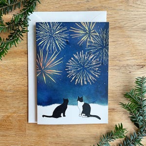 Cat Happy New Year Card - Fireworks | New Year&#39;s Greeting Card | Postcard with Envelope | Cute Cat Cards | Watercolor Holiday Card