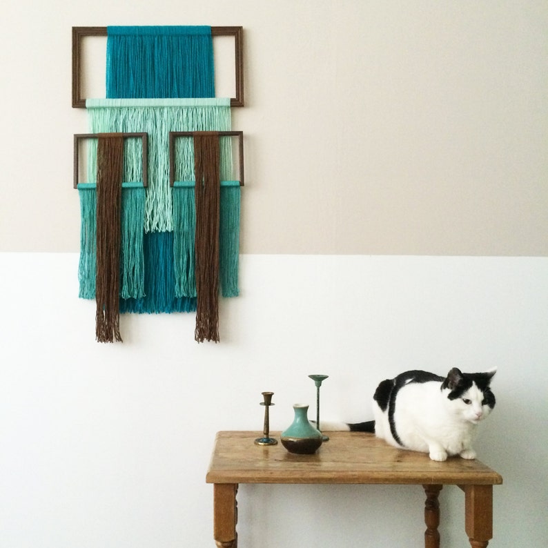 macrame wall hanging with picture frames light blue image 2