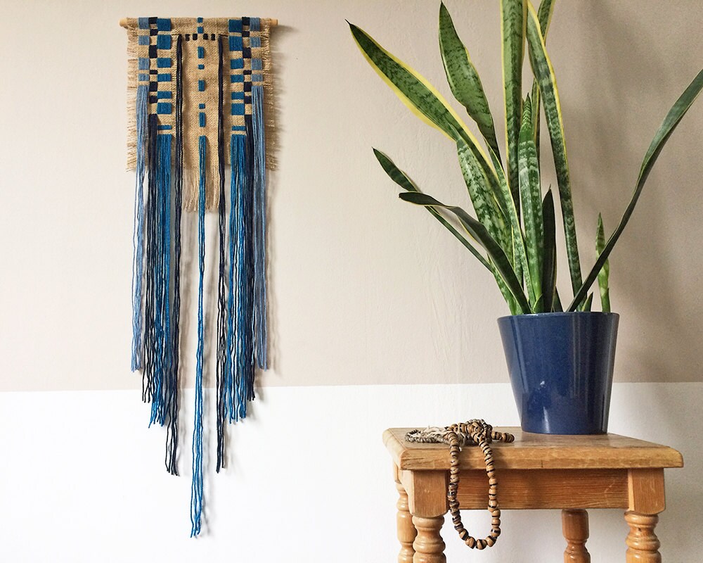 embroidered wall hanging burlap embroidery with blue yarn ...
