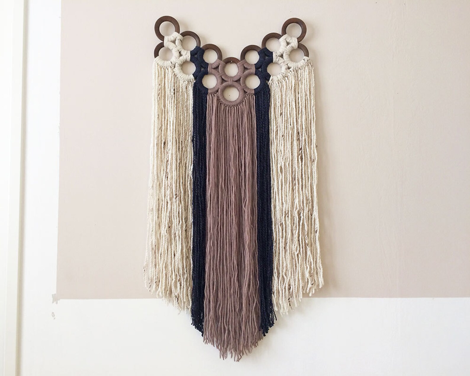 Macrame Wall Hanging With Yarn Wrapped Wooden Curtain Rings Etsy UK