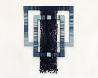 contemporary fiber art | wrapped frame wall hanging | geometric textile art | wool and cotton yarn | modern tapestry | blue home decor