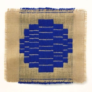 Embroidery Art Blue Embroidered Burlap Wall Hanging Geometric Fiber Art Handmade with Natural Fibers image 1
