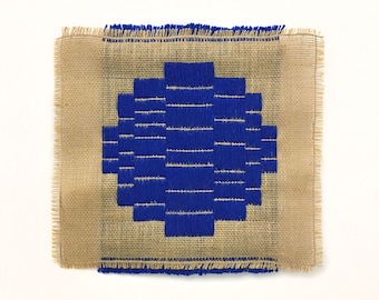 Embroidery Art | Blue Embroidered Burlap Wall Hanging | Geometric Fiber Art | Handmade with Natural Fibers