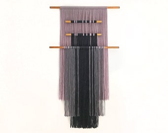 macrame wall hanging with colored wooden dowels | textile wall art | black & gray wall decor | contemporary fiber art | natural materials