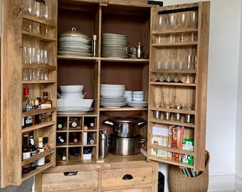 Rustic Larder Cabinet on Wheels H180cm | Freestanding Wood Pantry Cupboard | Industrial Drinks Bar Storage |Kitchen Shelves & Food Organiser