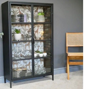 Black metal & glass fronted industrial jungle display cabinet | Glass display cabinet | Lounge storage cabinet |  Metal Drinks cabinet.