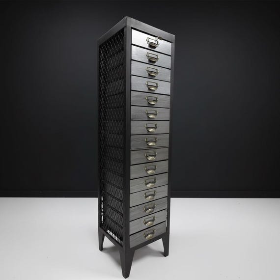 15 Drawer Filing Cabinet Black Metal | Tall Slim Industrial Storage Organiser | Multi Drawer Unit H126cm W33cm|Office Home Furniturer