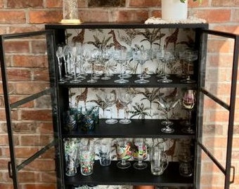 Tall slim black metal & glass double door  industrial display cabinet|Glass display cabinet | Lounge storage cabinet |Metal Drinks cabinet.