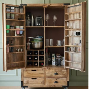 Rustic Larder Cabinet on Wheels H180cm | Freestanding Wood Pantry Cupboard | Industrial Drinks Bar Storage |Kitchen Shelves & Food Organiser