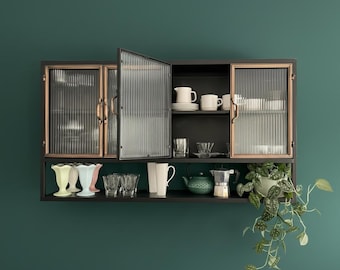 Black Metal Wall Display Cabinet | 4 Ribbed Glass Doors | Industrial Kitchen Storage | W120cm Bathroom Shelved Cupboard |Home Organiser Unit