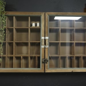 Wall Display Cabinet W90cm H43cm | Wood & Glass Door Curio Case | Multi Compartment Storage | Rustic Collectors Cupboard | Hobby Organiser