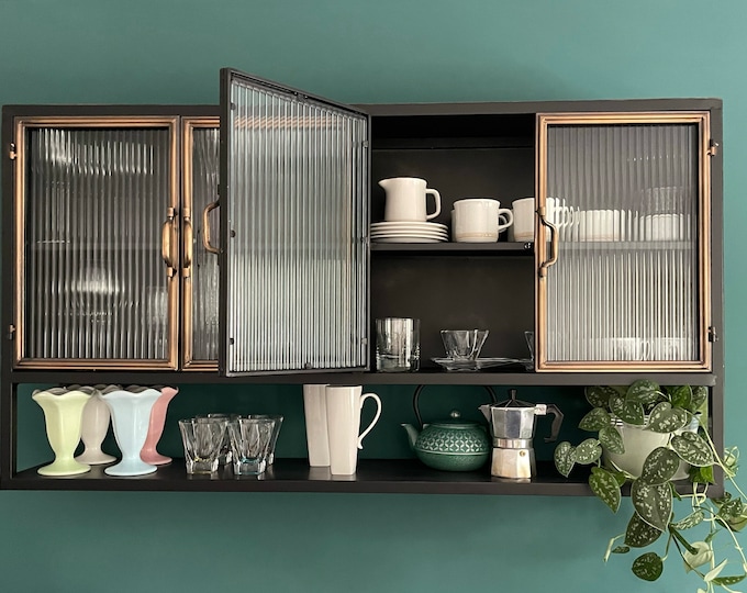 Large Black Metal & Ribbed Glass Wall Mounted Storage Display