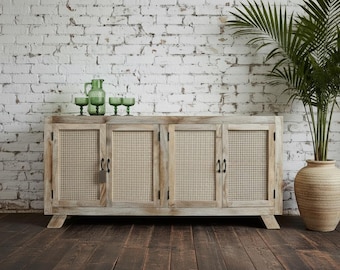 6ft Rattan & Wood Sideboard | 4 Door Storage Cabinet | Rustic Natural Cupboard | Dining Hall Furniture | Boho