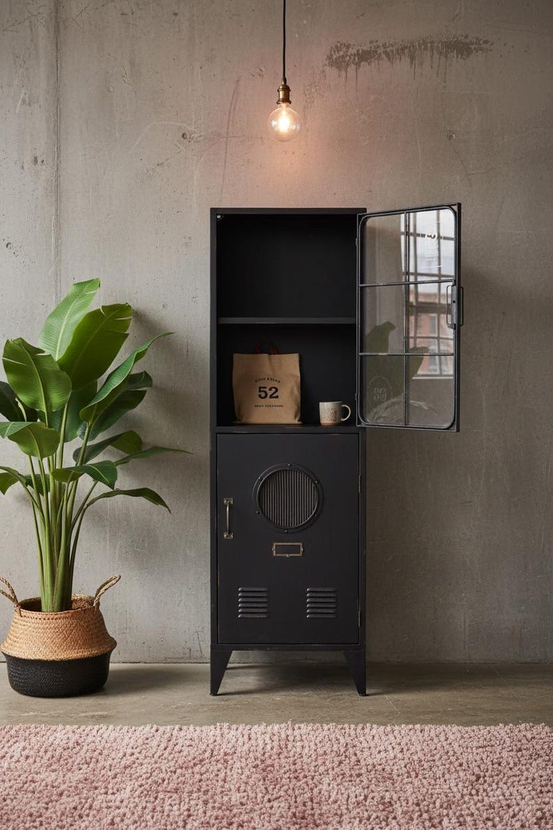 May include: Black metal cabinet with glass door, open to reveal a shelf with a brown paper bag and a mug. The cabinet has a round vent and a small label. A large potted plant sits to the left, and a pink rug is on the floor.