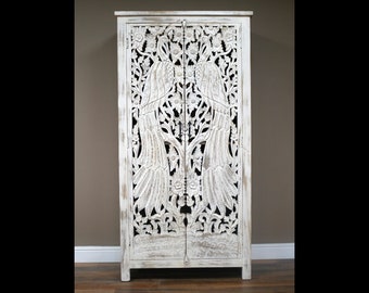 6ft tall ornate hand carved whitewashed shelved armoire cabinet |Artisan rustic wood cupboard|Linen-drink-clothes-larder shabby chic storage