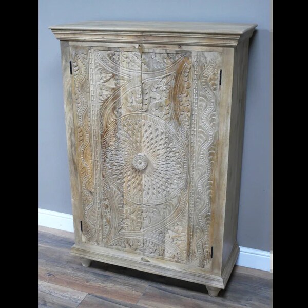 140cm natural wood tall ornate hand carved shelved armoire cabinet |Artisan wood cupboard | Linen-drinks-clothes cupboard-|kitchen larder