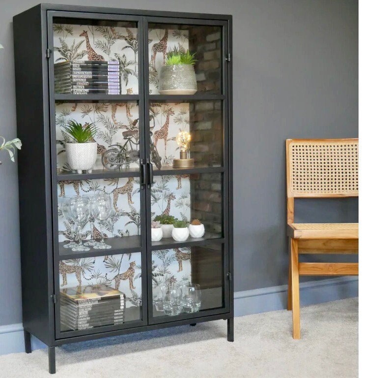 Black metal & glass fronted industrial jungle display cabinet | Glass display cabinet | Lounge storage cabinet |  Metal Drinks cabinet.