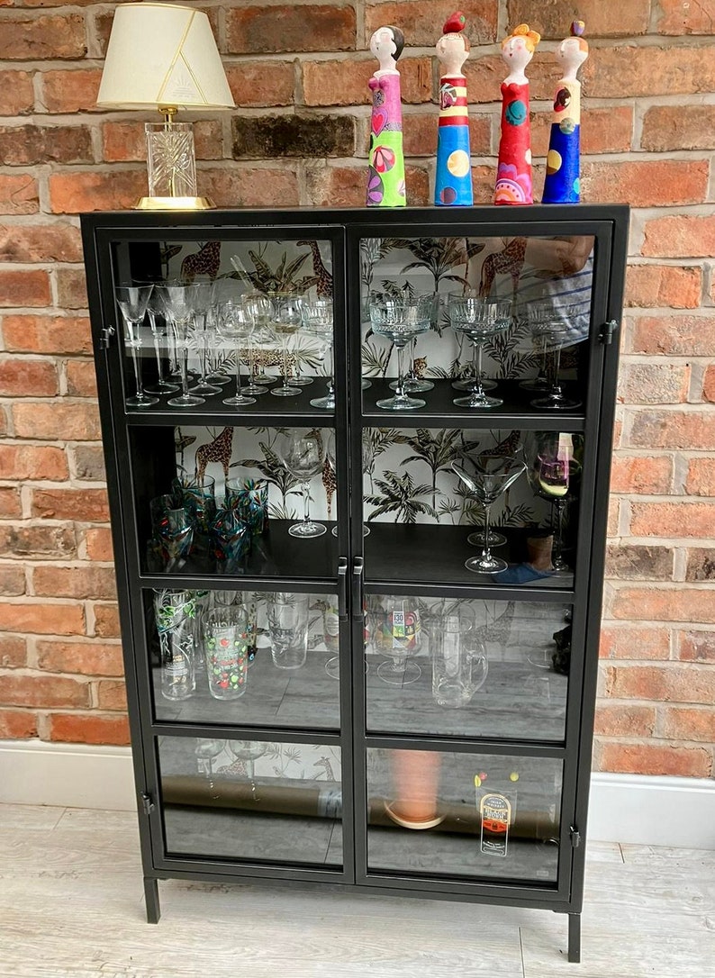 Black metal & glass fronted industrial jungle display cabinet | Glass display cabinet | Lounge storage cabinet |  Metal Drinks cabinet.