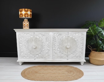 White Hand Carved Wood Sideboard | Ornate 4-Door Storage Cabinet | 180cm Wide Boho Rustic Furniture |Lounge Hall Kitchen Storage.