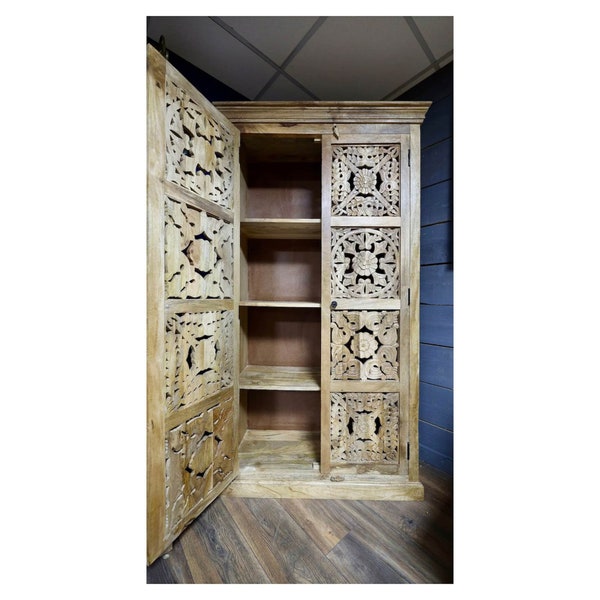 6ft Tall ornate hand carved rustic shelved armoire cabinet | Natural wood cupboard | Linen-drinks-clothes cupboard |kitchen larder cabinet