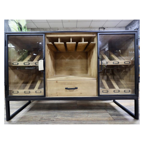 Black metal & rustic wood wine storage sideboard cabinet|Big wine rack | glass display cabinet| Freestanding bar cabinet|Sideboard cabinet