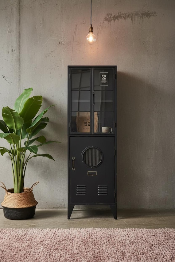 Black Metal Display Cabinet H139cm W44cm | Industrial Glass Storage Cupboard | Hallway Lounge Organiser | Tall Cabinet Furniture