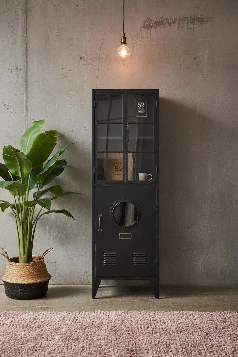 May include: Black metal cabinet with glass doors, featuring the number "52" on the top. The cabinet has a round vent and a small handle. A large potted plant in a woven basket sits to the left.