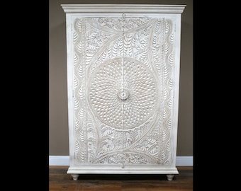 White 6ft tall ornate hand carved shelved armoire cabinet | Artisan wood cupboard - Linen-drinks-clothes cupboard-|kitchen larder cupboard