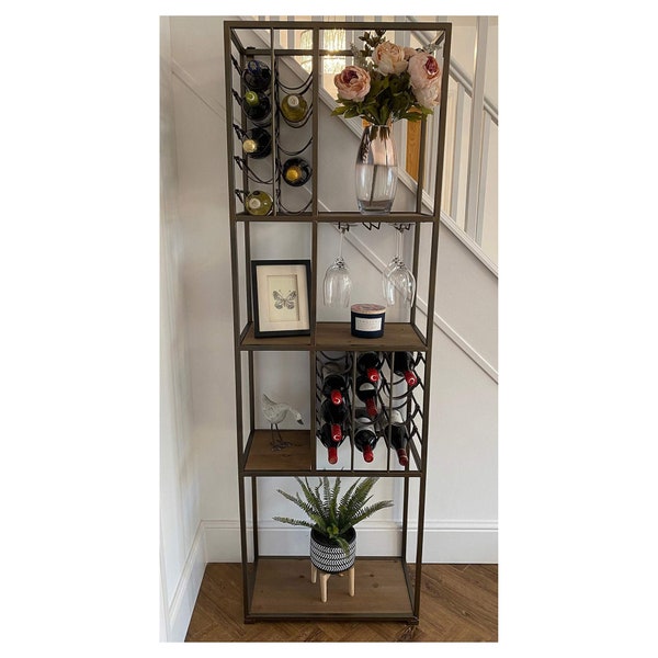 Tall slim metal 4 shelf open display wine rack & glass holder  Wine rack with storage shelves l Industrial Drinks Cabinet  l Home bar unit