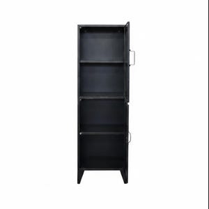 May include: A tall, black metal cabinet with a single door ajar, revealing interior shelves. The cabinet has a rectangular shape with a handle on the door. The shelves are visible inside the cabinet.