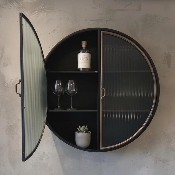 Round Black Metal Wall Cabinet 98cm | Ribbed Glass 2 Door Storage | Industrial 3 Shelf Organiser | Bathroom Kitchen Lounge Drinks Display