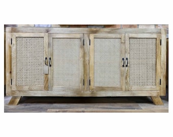 X Large stylish rattan & acacia wood rustic storage cabinet |Rustic bohemian sideboard | Natural wood freestanding 4 door storage cupboard.