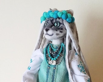 Ukrainian handmade cat art doll with dreadlocks in national style outfit