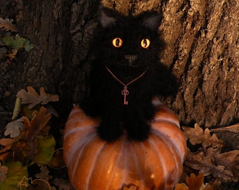 Cat Halloween decor soft toy, handknit black witch cat ornament, stuffed softie kitty, knit toy cat, amber eyes plush, spooky decorations