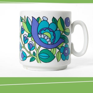 Flower Power Coffee Mug | 1970s | Mid Modern | Mod | Blue Teal and Purple Flowers | Made in West Germany Bavaria | Vintage Ceramic