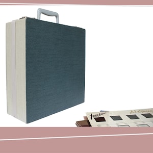 Étui de transport pour disques LP | 1960 - années 1970 | Étui de rangement pour accordéon en vinyle de 12 pouces | Herbe de mer foncée bleu et bleu blanc marbré | Boîte à disques vintage