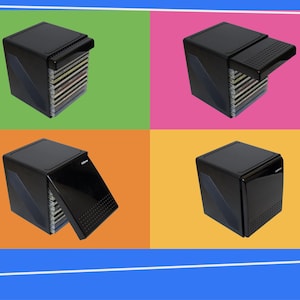 May include: A black CD storage unit with a flip-down door, shown in four different views. The unit is cube-shaped with a sleek design. The background is divided into four colorful sections: green, pink, orange, and yellow.