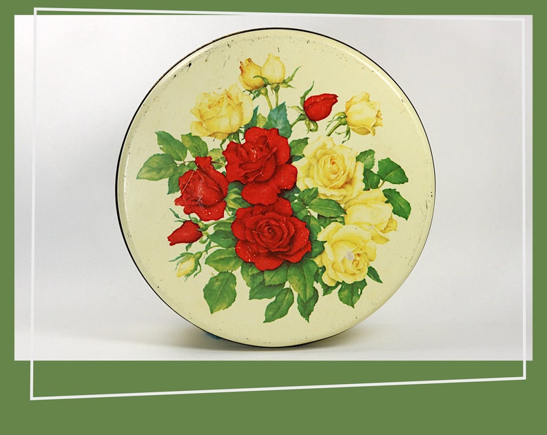 Vintage Tin Trinket Box Biscuit Box Yellow and Red Roses with Bee 1970s Sweet Floral Ira Denmark Cookie Tin