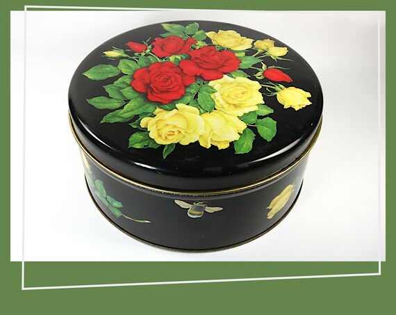 Vintage Tin Trinket Box Biscuit Box Yellow and Red Roses with Bee 1970s Sweet Floral Ira Denmark Cookie Tin