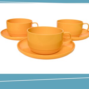 Set of 3 Large Mepal Cup and Saucers | Camping Set | 1970s | Sunshine Yellow Orange | Mod Glamping | Vintage Plastic