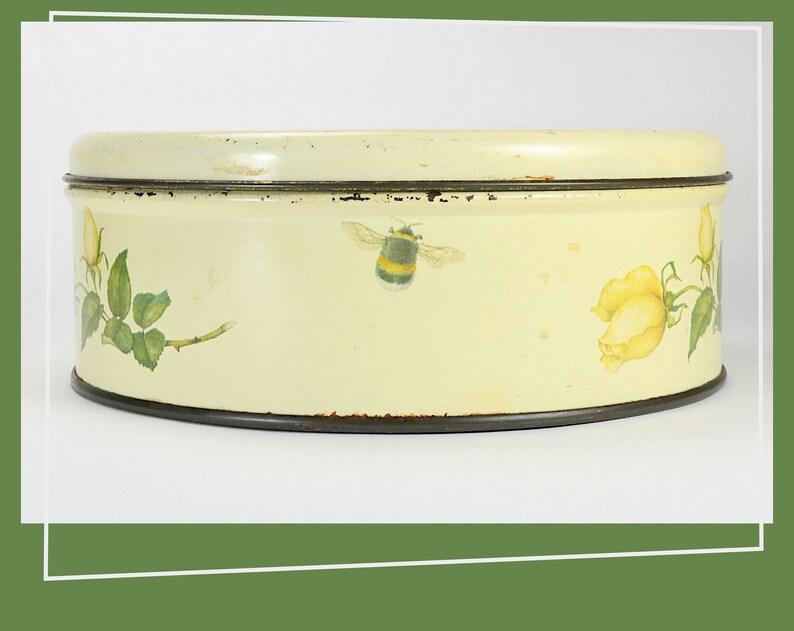 Vintage Tin Trinket Box Biscuit Box Yellow and Red Roses with Bee 1970s Sweet Floral Ira Denmark Cookie Tin