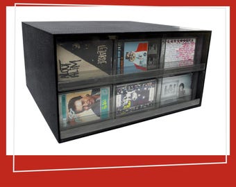 Caja modular negra para casetes con cajones | Soporte para casetes de música | Años 80 | Estilo moderno de mediados de siglo | Almacenamiento de discos | Plástico vintage