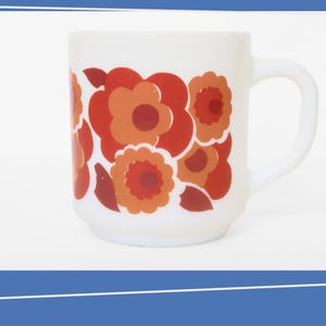 Arcopal France Coffee Cup or Soup Mug | Lotus Pattern | Bright Red and Orange Flowers | 1970s | Made in France | Vintage Glassware