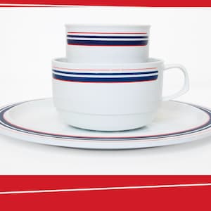 May include: A white ceramic saucer with a blue and red stripe design. A white ceramic bowl with a blue and red stripe design sits on top of the saucer. A smaller white ceramic bowl with a blue and red stripe design sits inside the larger bowl.