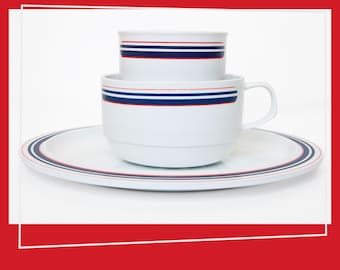 Set of 3 Mepal: Cup, Soup cup and Plate | 1970s | Red White and Blue Stripe P220 | Designer Koen de Winter | Mod Glamping | Vintage Plastic