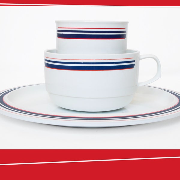 Set of 3 Mepal: Cup, Soup cup and Plate | 1970s | Red White and Blue Stripe P220 | Designer Koen de Winter | Mod Glamping | Vintage Plastic