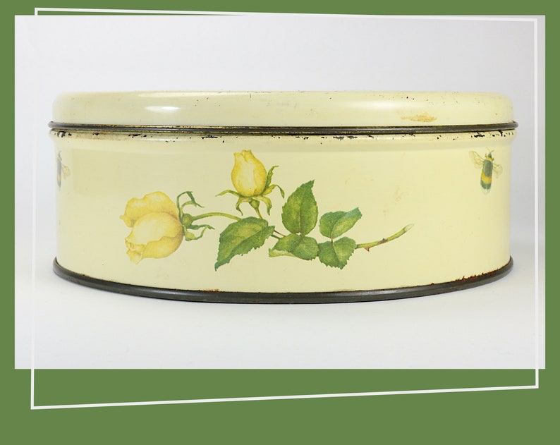 Vintage Tin Trinket Box Biscuit Box Yellow and Red Roses with Bee 1970s Sweet Floral Ira Denmark Cookie Tin
