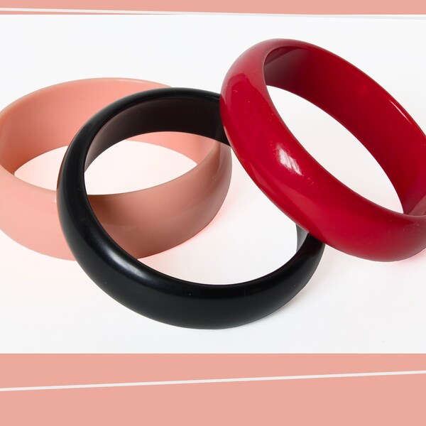 Lot of Three Funky Bangles | 1960s - 1970s | Pink, Red and Black Mod Cuff | Mid Century Bracelet | Vintage Plastic | Vintage Jewelry