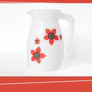 Small Arcopal France Juice Pitcher or Creamer with Red Flowers | 1970s | Mid Modern | Made in France | Vintage Glassware